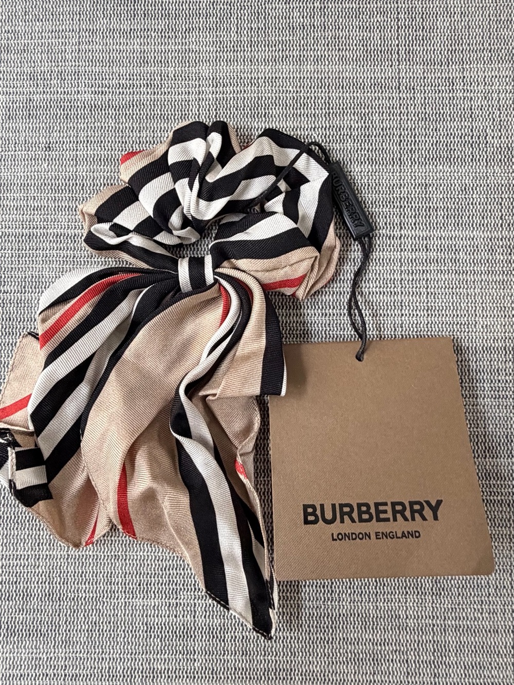 Burberry Beige Black White Red Striped Hair Bow Scrunchie